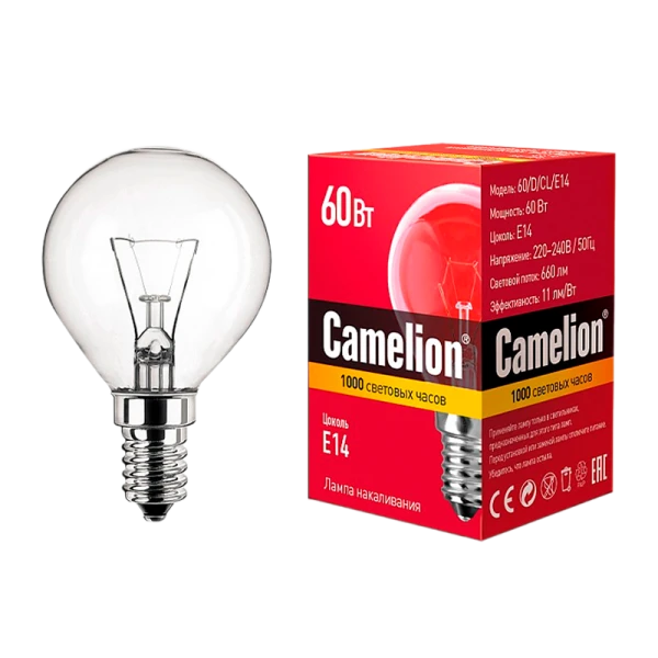 Лампа накаливания Camelion E14 60W 220V шар прозрачная (1/100)