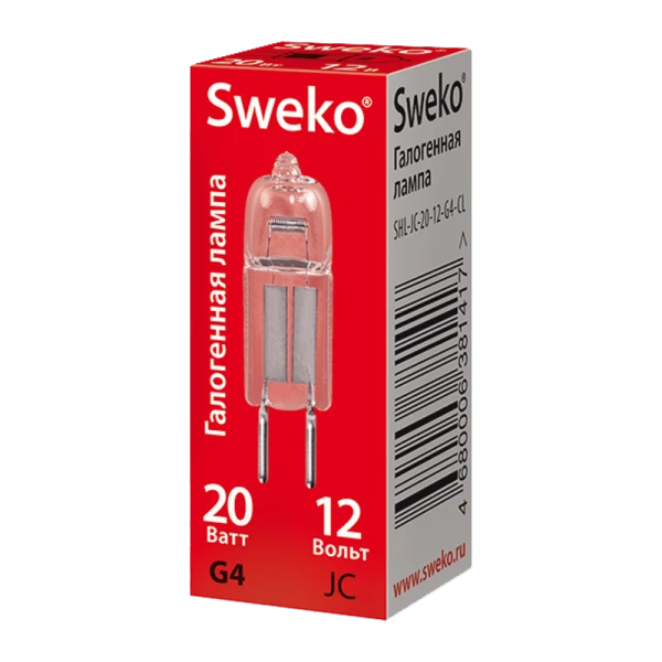 Лампа галогенная Sweko JC G4 20W 3500К 12V капсула прозрачная (1/50/500)