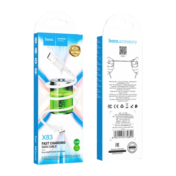 Кабель HOCO X83 USB (m)-microUSB (m) 1.0м 2.4A ПВХ белый (1/33/330)