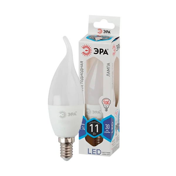 Лампа светодиодная ЭРА BXS E14 11W 6000К 170-265V свеча на ветру