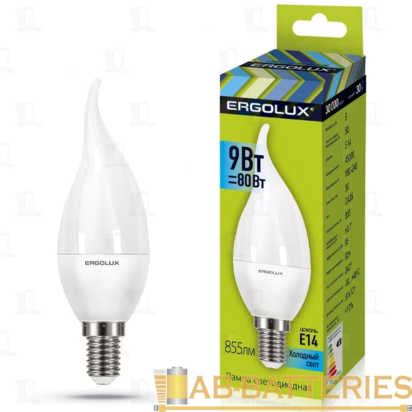 Лампа светодиодная Ergolux CA35 E14 9W 6000К 172-265V свеча на ветру (1/10/100)