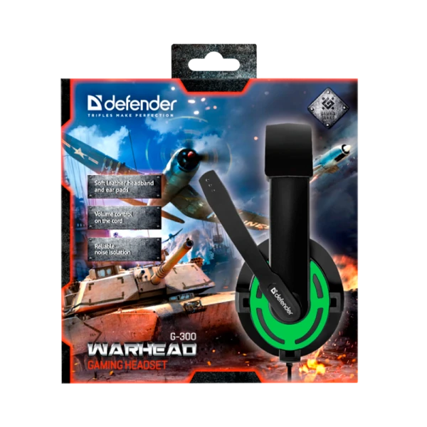 Наушники полноразмерные Defender G-300 Warhead с микр. игровые черный зеленый (1/20)