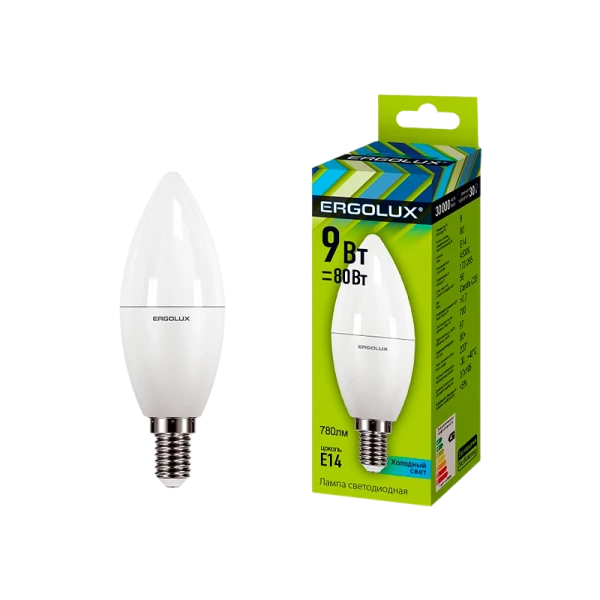Лампа светодиодная Ergolux C35 E14 9W 4500К 172-265V свеча (1/10/100)