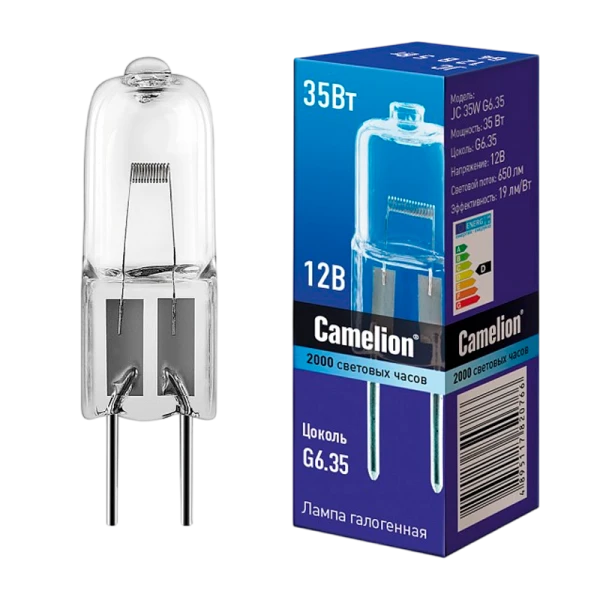 Лампа галогенная Camelion JC G6.35 35W 2800К 12V капсула прозрачная (1/5/100)