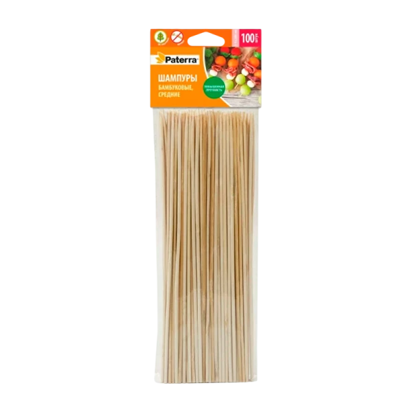Шампуры для шашлыка, бамбук, 100 штук, d=3 мм х 250 мм, PATERRA (1/50)