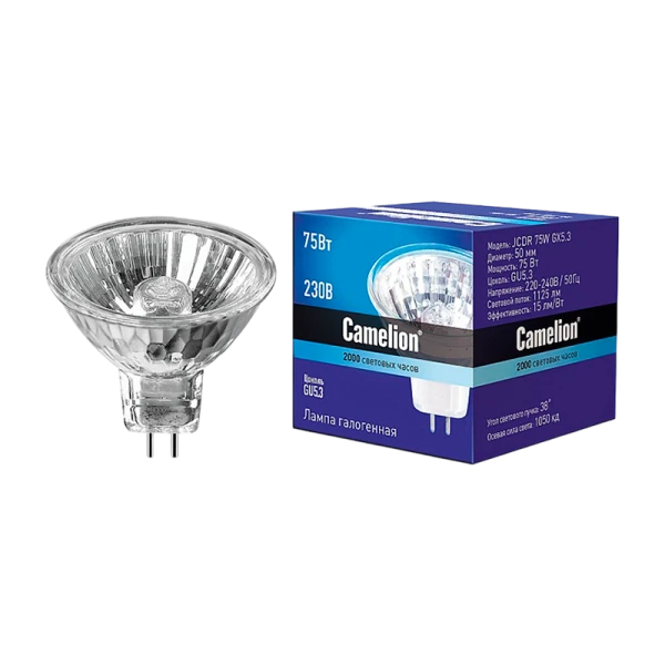 Лампа галогенная Camelion MR16 GU5.3 75W 2800К 220-240V софит 50мм прозрачная (1/10/200)