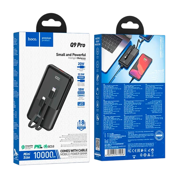 Внешний аккумулятор HOCO Q9 Pro 10000mAh 3.0A 20W 1USB PD3.0 с кабелем Lightning/Type-C черный (1/30