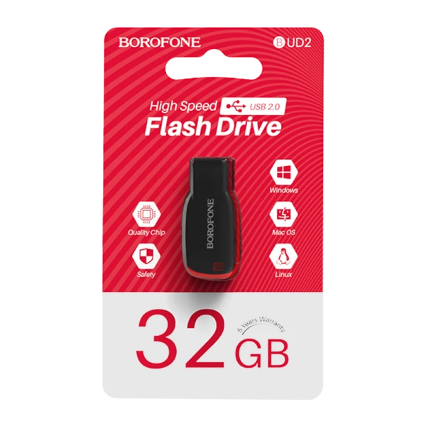 Флеш-накопитель Borofone Generous BUD2 32GB USB2.0 пластик черный красный (1/35/280)