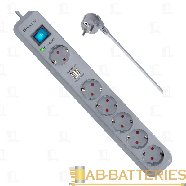 Сетевой фильтр Defender DFS 501 6р.С/З 10A 2USB 525 Дж 2.0м серый (1/30)