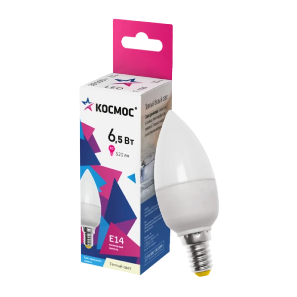 *Лампа светодиодная Космос CN E14 6.5W 3000К 220V свеча матовая (1/10/80) 