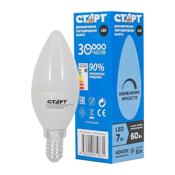 Лампа светодиодная Старт E14 7W 4000К 220-240V свеча димируемая прозрачная (1/10/100)