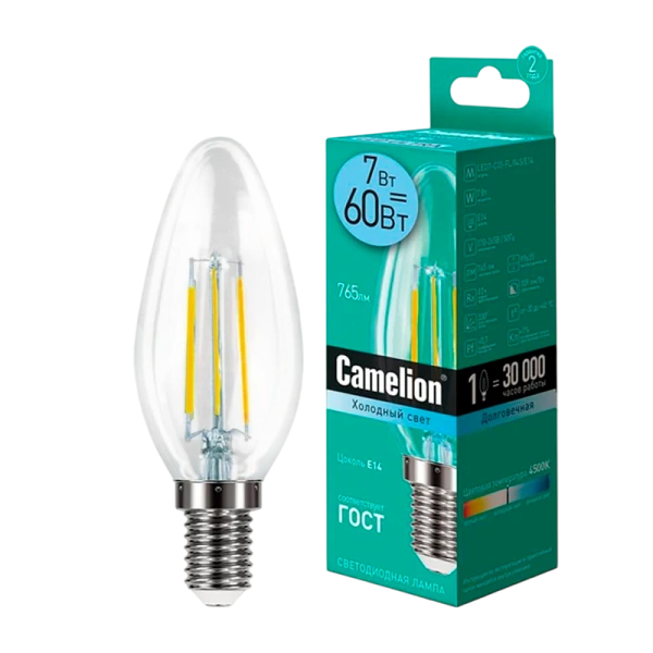 Лампа светодиодная Camelion C35 E14 7W 4500К 172-265V свеча прозрачная