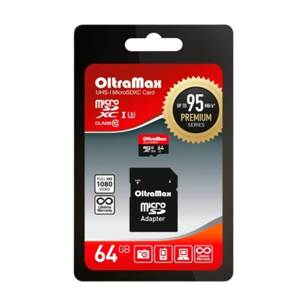 Карта памяти microSD OltraMax 64GB Class10 UHS-I (U3) 95 МБ/сек с адаптером