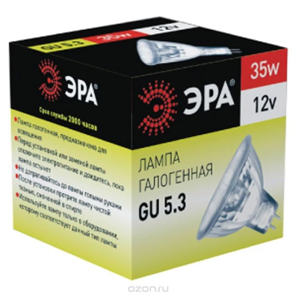 Лампа галогенная ЭРА MR16 GU5.3 35W 3000К 12V софит 50мм прозрачная (1/10/200)