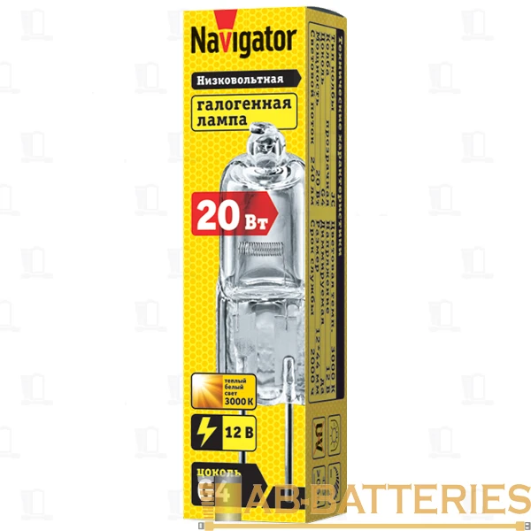 Лампа галогенная Navigator JC G4 20W 3000К 12V капсула прозрачная (1/10/200)