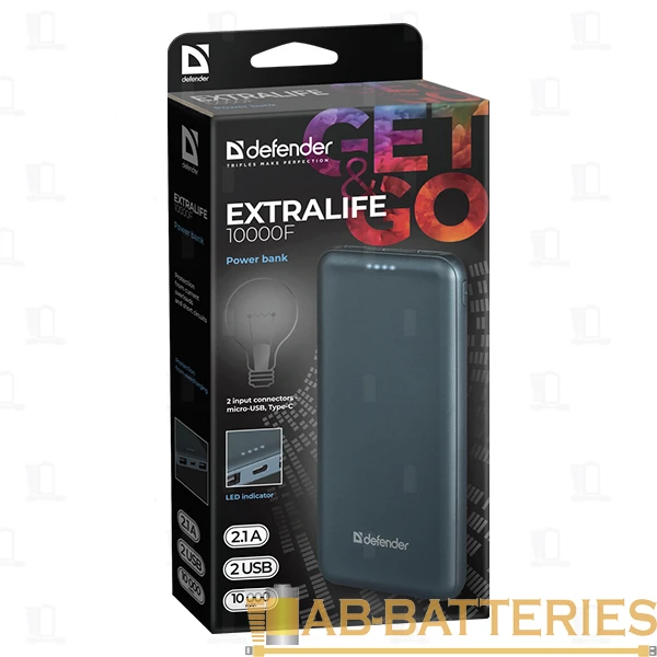 Внешний аккумулятор Defender ExtraLife 10000F 10000mAh 2.1A 2USB синий (1/40)