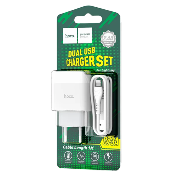 Сетевое З/У HOCO C73A 2USB 2.1A с кабелем Lightning белый (1/30/180)