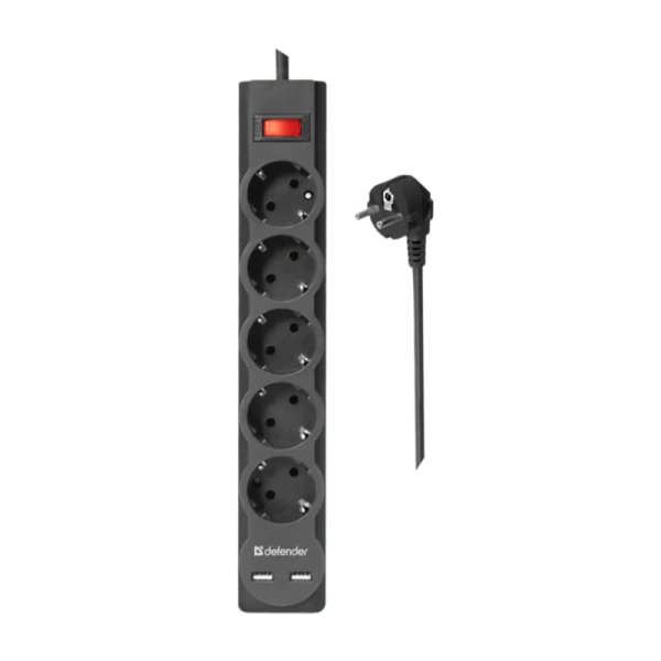 Сетевой фильтр Defender DFS 755 5р.С/З 10A 2USB 220 Дж 5.0м черный (1/30)