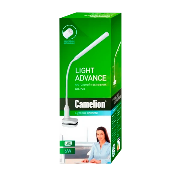 Светильник настольный Camelion KD-793 6W 230V 1LED струбцина сенс. 4 ур.ярк. +лампа белый (1/12)