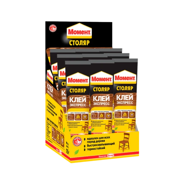 Клей Момент СТОЛЯР контактный 125г для дерева (столярный) BOX9 шоу-бокс (9/36/1296)