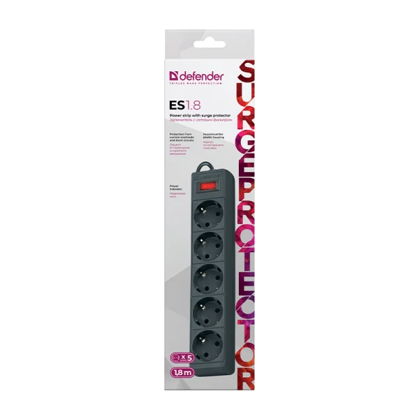 Сетевой фильтр Defender ES 5р.С/З 10A 125 Дж 1.8м черный (1/45)
