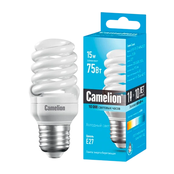 Лампа энергосберегающая Camelion T2 E27 15W 4200К 220-240V спираль (1/5/25/100)