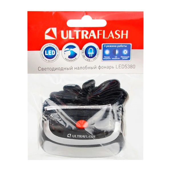 Фонарь налобный Ultraflash LED5380 3W COB от батареек IPX4 черный (1/50)