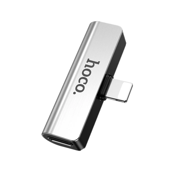 Переходник AUX HOCO LS25 Jack 3.5mm (f)-Lightning (m)/Lightning (f) пластик серебряный (1/31/310)