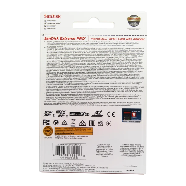 Карта памяти microSD SanDisk Extreme Pro 64GB Class10 A2 UHS-I (U3) 200 МБ/сек CN (Китай) с адаптеро