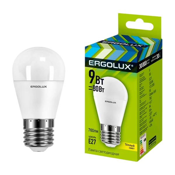 Лампа светодиодная Ergolux G45 E27 9W 3000К 172-265V шар (1/10/100)