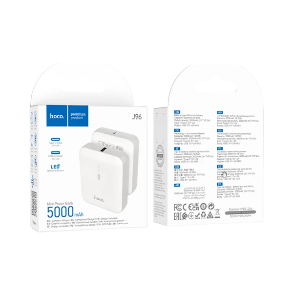 Внешний аккумулятор HOCO J96 5000mAh 2.0A 1USB/Type-C белый (1/111)
