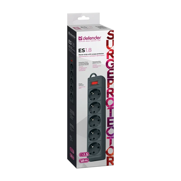 Сетевой фильтр Defender ES 5р.С/З 10A 125 Дж 1.8м черный (1/45)