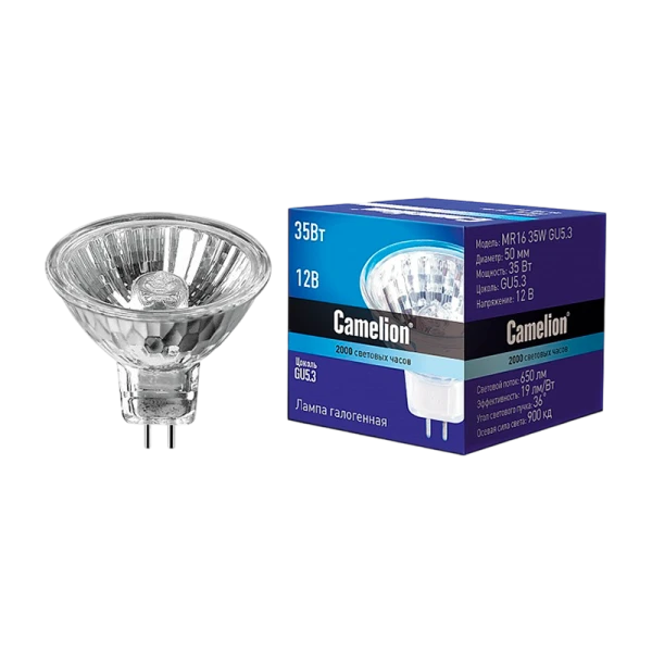 Лампа галогенная Camelion MR16 GU5.3 35W 2800К 12V софит 50мм прозрачная (1/10/200)