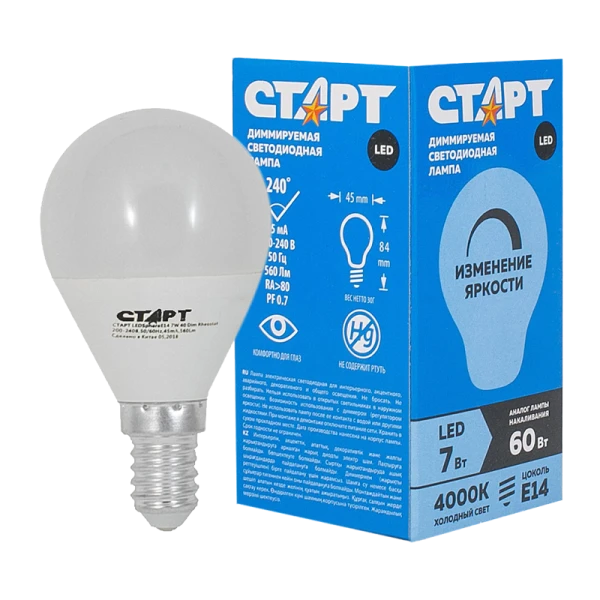 Лампа светодиодная Старт Sphere E14 7W 4000К 220-240V шар димируемая прозрачная (1/10/100)