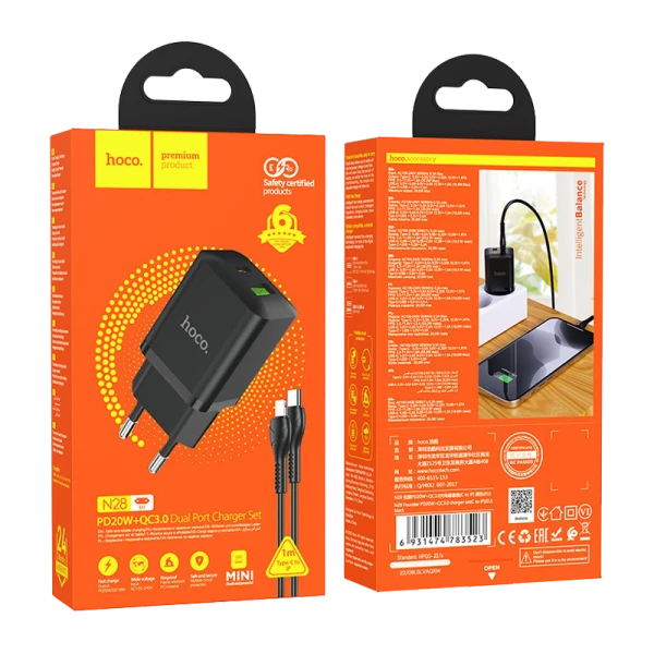 Сетевое З/У HOCO N28 1USB/Type-C 20W с кабелем Type-C-Lightning черный (1/13/130)
