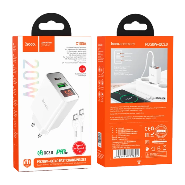 Сетевое З/У HOCO C100A Type-C (m) 3.0A 20W с кабелем Type-C-Type-C белый (1/13/130)