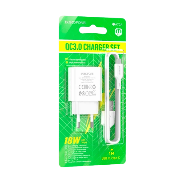 Сетевое З/У Borofone BA72A 1USB 18W QC3.0 белый (1/75/300)