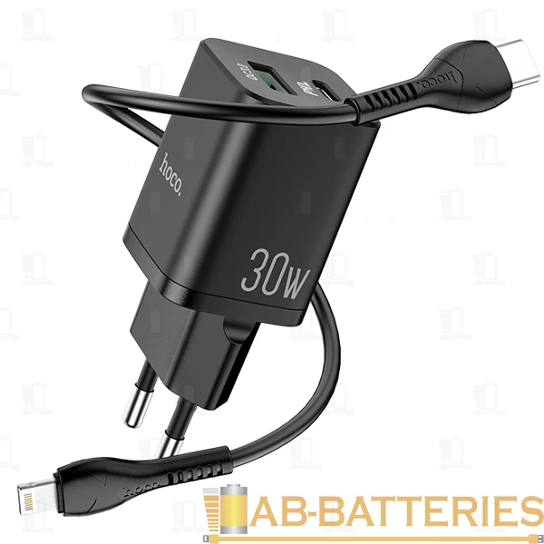 Сетевое З/У HOCO N13 1USB/Type-C 30W QC3.0 с кабелем Type-C-Lightning черный (1/12/120)