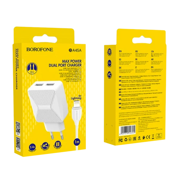 Сетевое З/У Borofone BA45A 2USB 2.4A с кабелем Lightning белый (1/44/176)