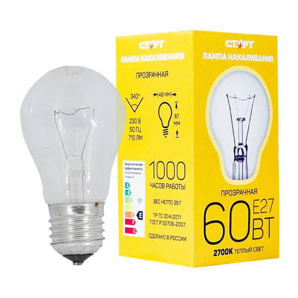 Лампа накаливания Старт E27 60W 220-240V груша Б прозрачная (1/10/50)