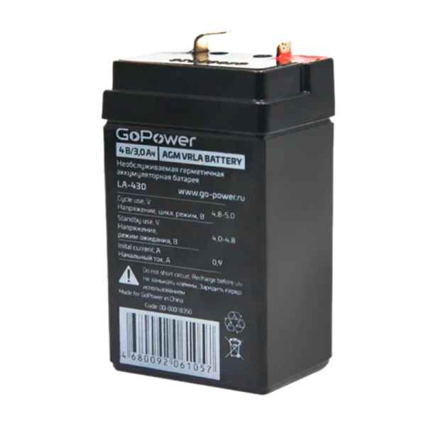 Аккумулятор свинцово-кислотный GoPower LA-430 4V 3Ah клеммы T0 в картонной упаковке