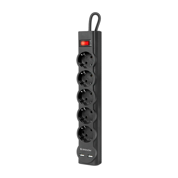 Сетевой фильтр Defender DFS 751 5р.С/З 10A 2USB 220 Дж 1.8м черный (1/30)