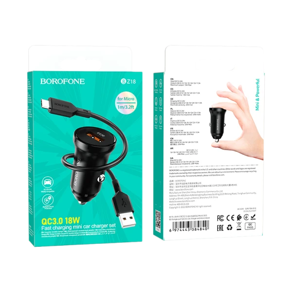 Сетевое З/У Borofone BZ18 1USB 2.1A 18W QC3.0 с кабелем microUSB черный (1/48/192)