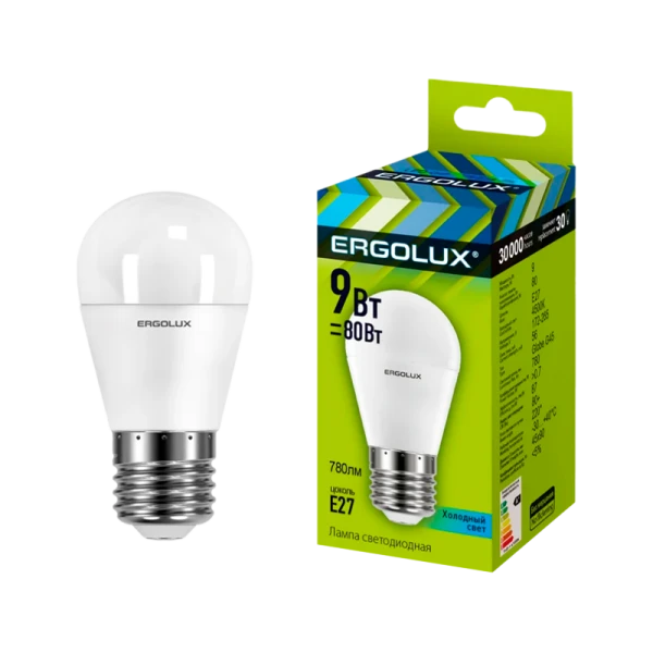 Лампа светодиодная Ergolux G45 E27 9W 4500К 172-265V шар (1/10/100)