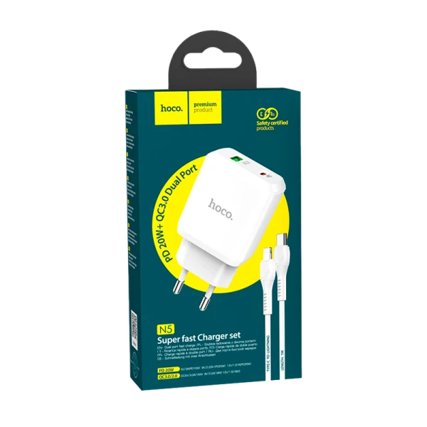 Сетевое З/У HOCO N5 1USB/Type-C 3.0A 20W PD3.0 с кабелем Type-C-Lightning белый (1/12/120)
