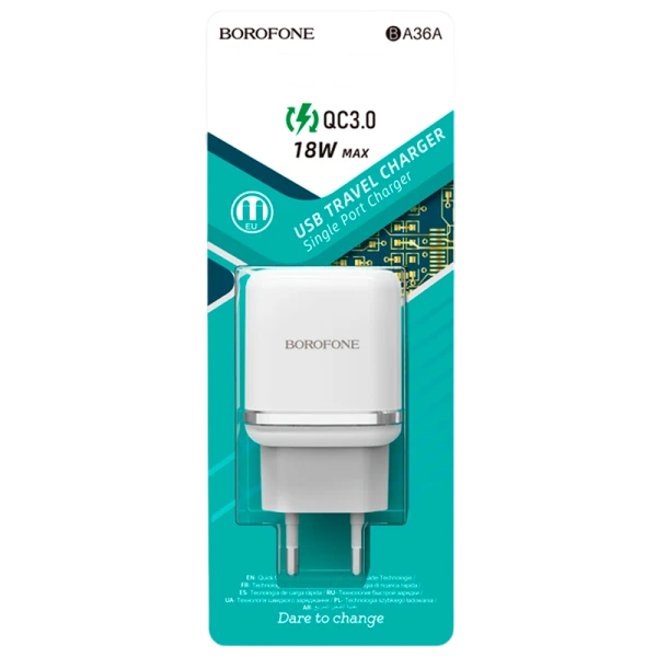 Сетевое З/У Borofone BA36A 1USB 3.0A 18W QC3.0 белый (1/65/260)