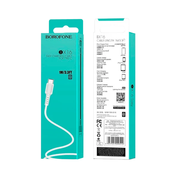 Кабель Borofone BX16 USB (m)-Type-C (m) 1.0м 2.0A ПВХ белый (1/648)