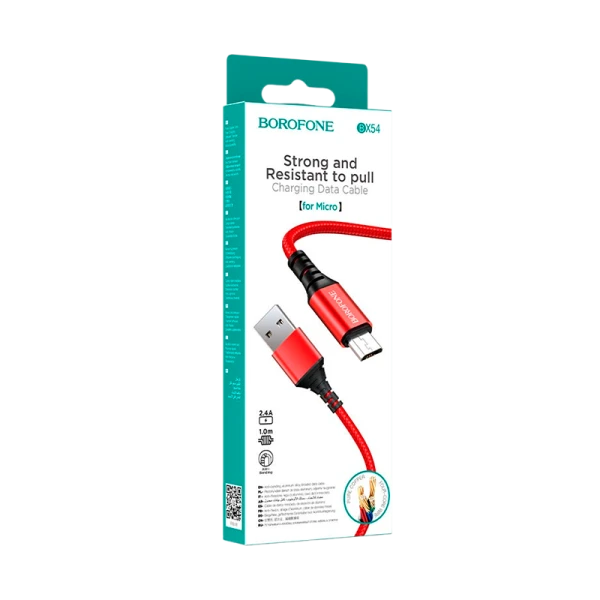 Кабель Borofone BX54 USB (m)-microUSB (m) 1.0м 2.4A нейлон красный (1/360)