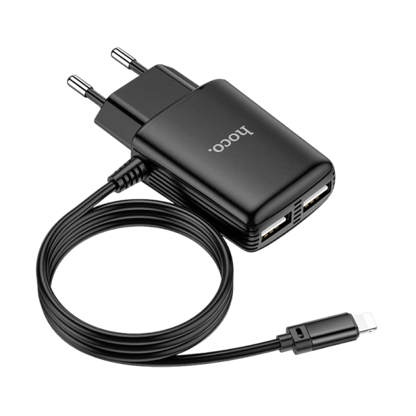 Сетевое З/У HOCO C82A 2USB 2.4A с кабелем Lightning черный (1/13/130)