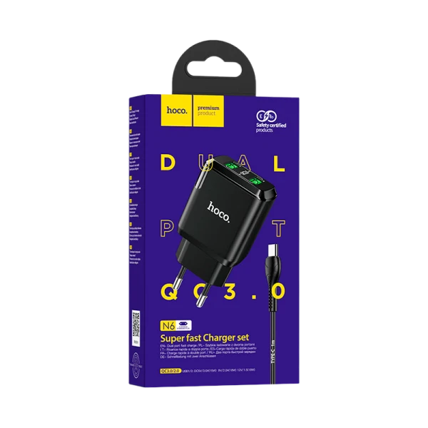 Сетевое З/У HOCO N6 2USB 3.0A QC3.0 с кабелем microUSB черный (1/12/120)
